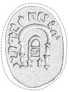 Ring stone bearing the Aramaic name mirror-imaged Yishak bar Hanina, excavated from Zafar/al-Asabi/Yemen