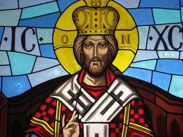 Stained Glass window at the Melkite Catholic Annunciation Cathedral in Roslindale, MA depicting Christ the King with the regalia of a Byzantine Emperor