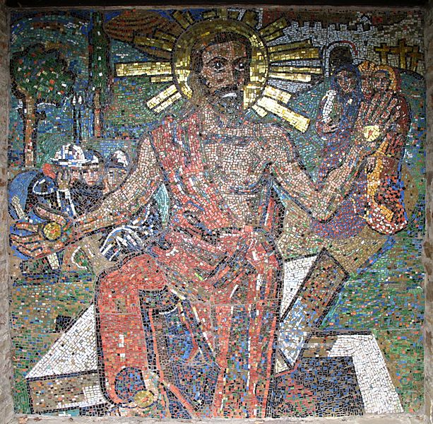 Mosaic of the Risen Christ at the World War I memorial cemetary Kreuzeringarten, Germany