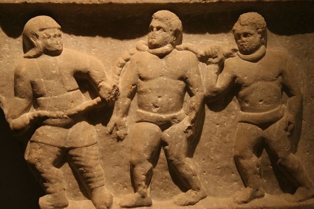 Roman collared slaves-Marble relief from Smyrna (Izmir, Turkey), 200 CE